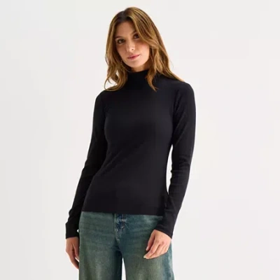 Ana Womens Petite Mock Neck Long Sleeve T-shirt In Black