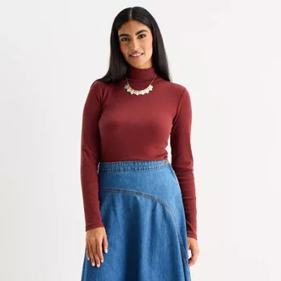 Ana Womens Petite Mock Neck Long Sleeve T-shirt In Red