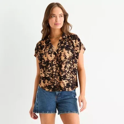 Ana Womens Pleated Shoulder Short Sleeve Regular Fit Button-down Shirt In Multi