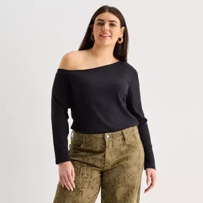 Ana Womens Plus Asymmetrical Neck Long Sleeve T-shirt In Black