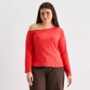 Ana Womens Plus Asymmetrical Neck Long Sleeve T-shirt In Red