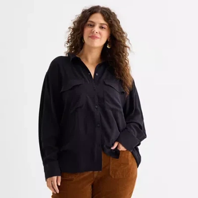 Ana Womens Plus Cuffed Long Sleeve Regular Fit Button-down Shirt In Black