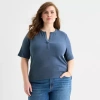 Ana Womens Plus Elbow Sleeve Henley Shirt In Blue