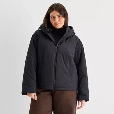Ana Womens Plus Hooded Midweight Puffer Jacket In Black