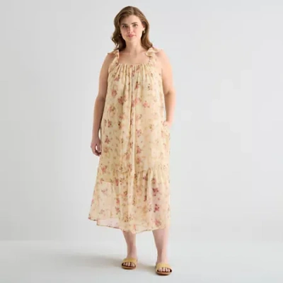 Ana Womens Plus Long Sleeve Midi Drop Waist Dress In Blue