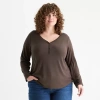 Ana Womens Plus Long Sleeve Regular Fit Henley Shirt In Brown