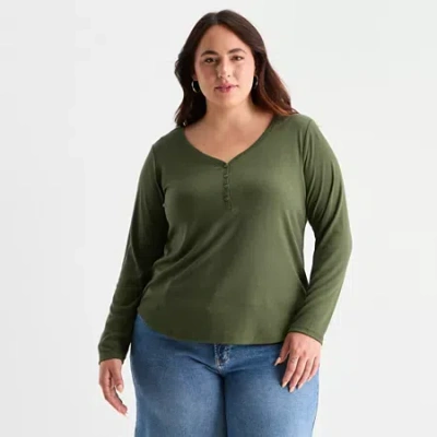Ana Womens Plus Long Sleeve Regular Fit Henley Shirt In Green