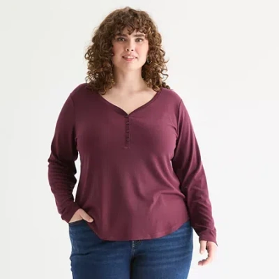 Ana Womens Plus Long Sleeve Regular Fit Henley Shirt In Purple