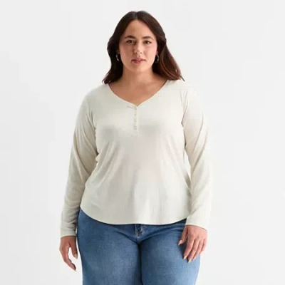 Ana Womens Plus Long Sleeve Regular Fit Henley Shirt In Sand