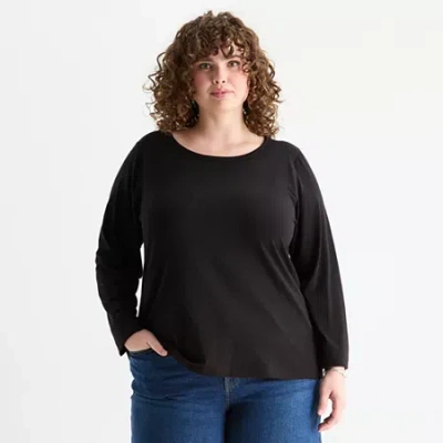 Ana Womens Plus Round Neck Long Sleeve Adaptive T-shirt In Black