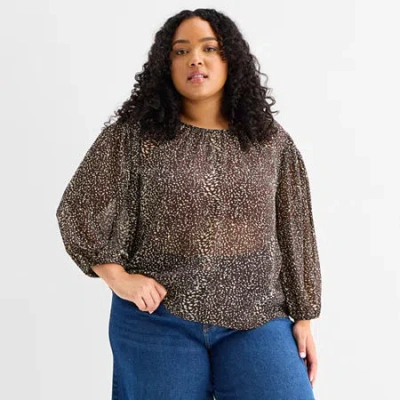 Ana Womens Plus Round Neck Long Sleeve Blouse In Brown