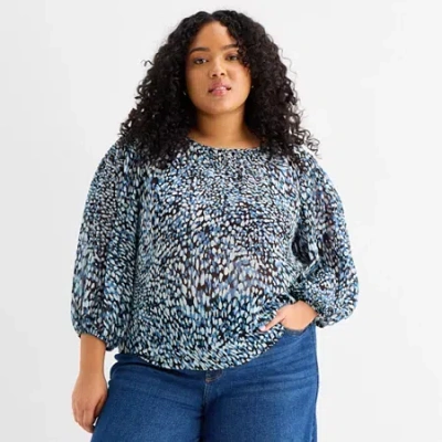 Ana Womens Plus Round Neck Long Sleeve Blouse In Blue