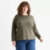 Ana Womens Plus Round Neck Long Sleeve T-shirt In Green