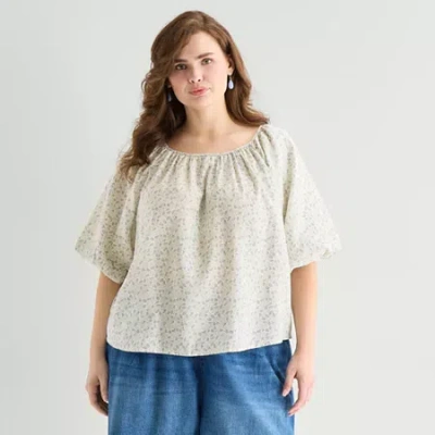 Ana Womens Plus Round Neck Short Sleeve Blouse In Sand