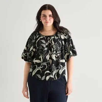 Ana Womens Plus Round Neck Short Sleeve Blouse In White