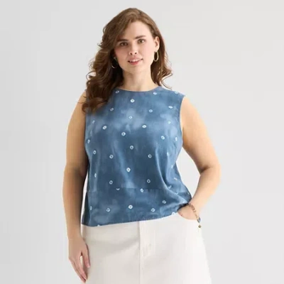 Ana Womens Plus Round Neck Sleeveless Blouse In Blue