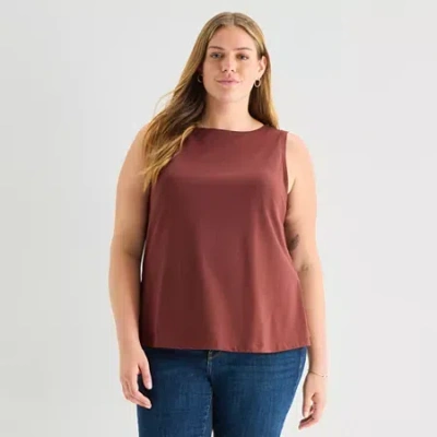 Ana Womens Plus Round Neck Sleeveless Tank Top In Brown