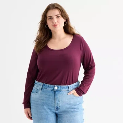 Ana Womens Plus Scoop Neck Long Sleeve T-shirt In Purple