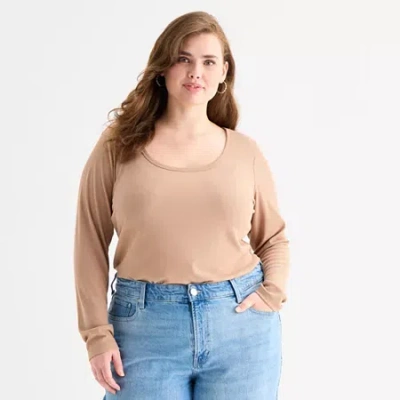 Ana Womens Plus Scoop Neck Long Sleeve T-shirt In Sand