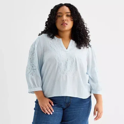 Ana Womens Plus Split Crew Neck 3/4 Sleeve Embroidered Blouse In Blue