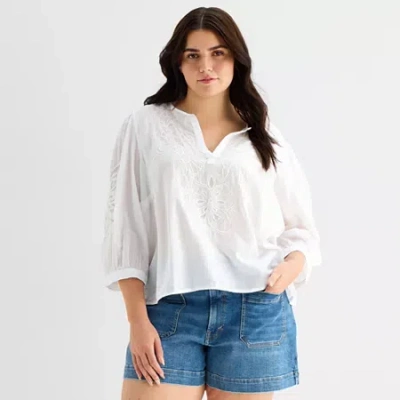 Ana Womens Plus Split Crew Neck 3/4 Sleeve Embroidered Blouse In White
