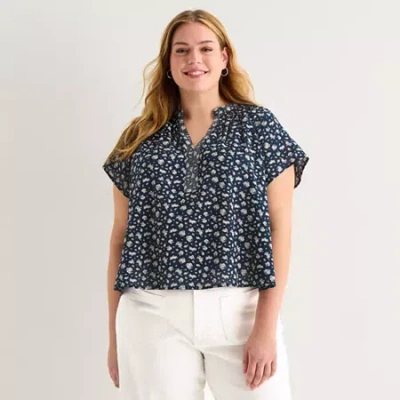 Ana Womens Plus Split Crew Neck Short Sleeve Blouse In Blue