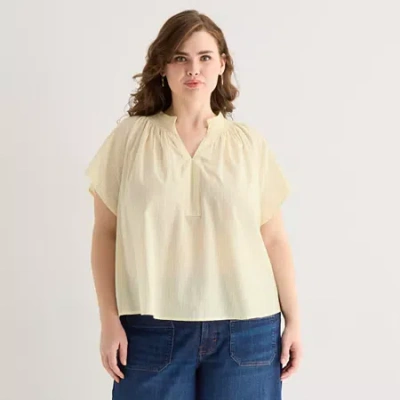 Ana Womens Plus Split Crew Neck Short Sleeve Blouse In Neutral