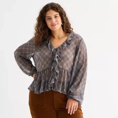 Ana Womens Plus Split Tie Neck Long Sleeve Blouse In Blue