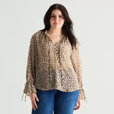 Ana Womens Plus Split Tie Neck Long Sleeve Blouse In Brown