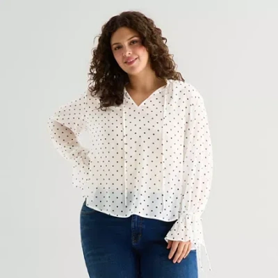 Ana Womens Plus Split Tie Neck Long Sleeve Blouse In White