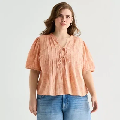 Ana Womens Plus Split Tie Neck Short Sleeve Blouse In Orange