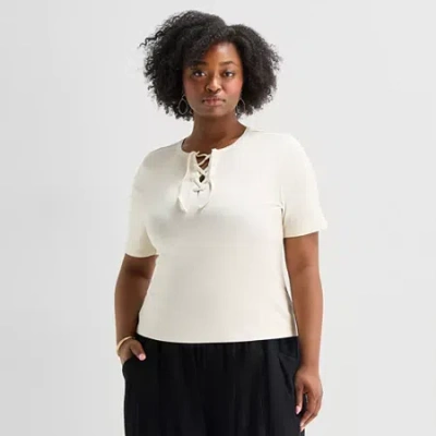 Ana Womens Plus Split Tie Neck Short Sleeve T-shirt In Neutral