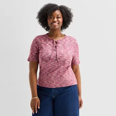 Ana Womens Plus Split Tie Neck Short Sleeve T-shirt In Red