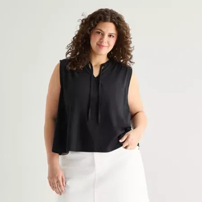 Ana Womens Plus Split Tie Neck Sleeveless Tank Top In Black