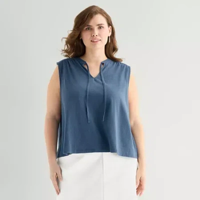 Ana Womens Plus Split Tie Neck Sleeveless Tank Top In Blue