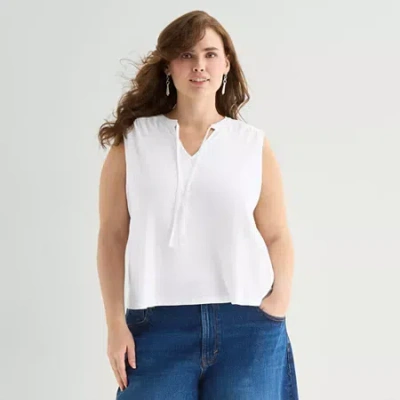 Ana Womens Plus Split Tie Neck Sleeveless Tank Top In White