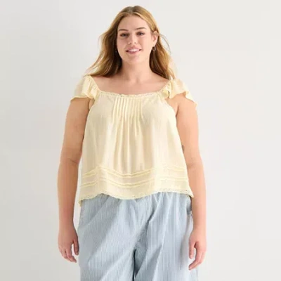 Ana Womens Plus Square Neck Short Sleeve Lace Blouse In Yellow