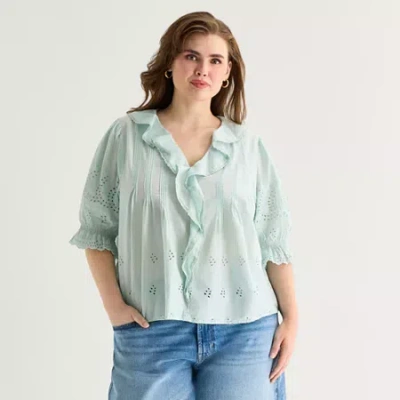 Ana Womens Plus V Neck Short Sleeve Blouse In Green