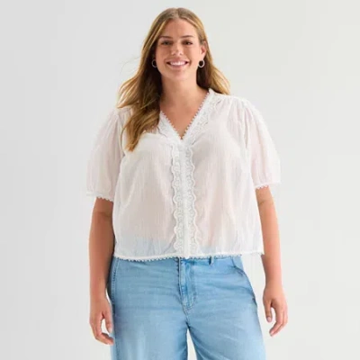 Ana Womens Plus V Neck Short Sleeve Blouse In White