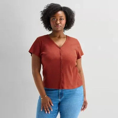 Ana Womens Plus V Neck Short Sleeve Button Cardigan In Red