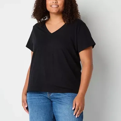 Ana Womens Plus V Neck Short Sleeve T-shirt In Black