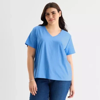 Ana Womens Plus V Neck Short Sleeve T-shirt In Blue