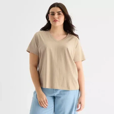 Ana Womens Plus V Neck Short Sleeve T-shirt In Brown