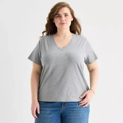 Ana Womens Plus V Neck Short Sleeve T-shirt In Brown