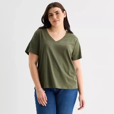Ana Womens Plus V Neck Short Sleeve T-shirt In Green