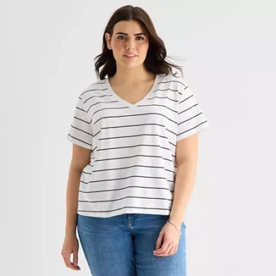 Ana Womens Plus V Neck Short Sleeve T-shirt In Multi