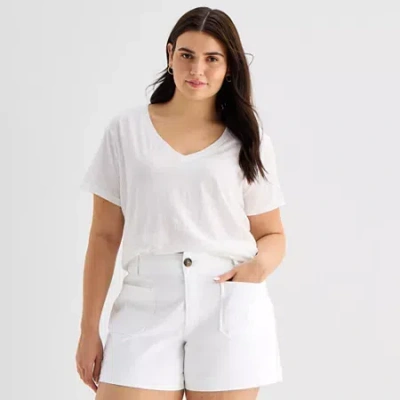 Ana Womens Plus V Neck Short Sleeve T-shirt In White