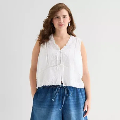 Ana Womens Plus V Neck Sleeveless Embroidered Vest In White