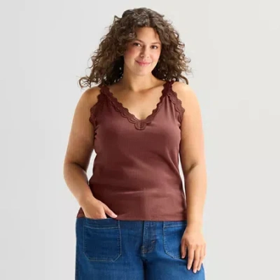 Ana Womens Plus V Neck Sleeveless Tank Top In Brown