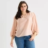 Ana Womens Plus Y Neck 3/4 Sleeve Blouse In Pink